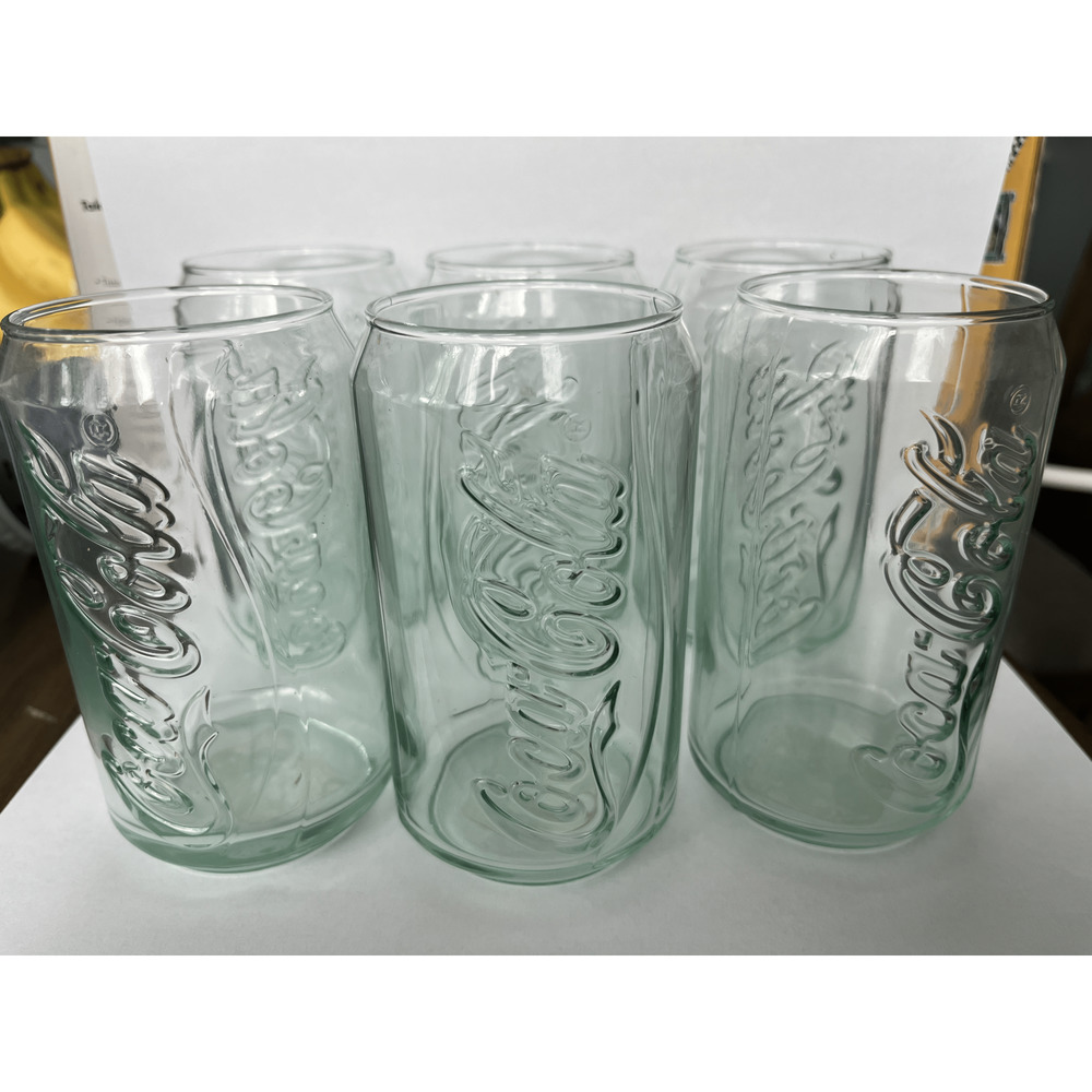 Coca Cola Collectible Set of 6 Green Tint Glasses Can Shaped 12oz